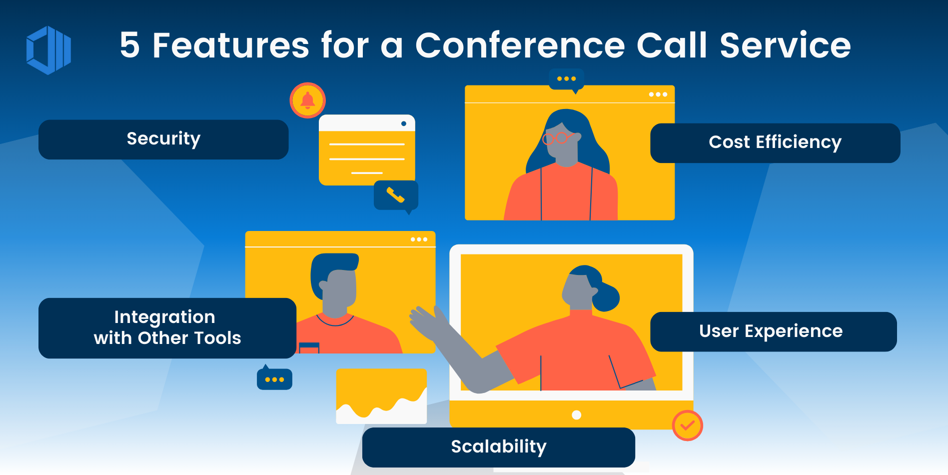 5 Features for a Conference Call Service: Security, Integration with other tools, scalability, user experience, cost efficiency