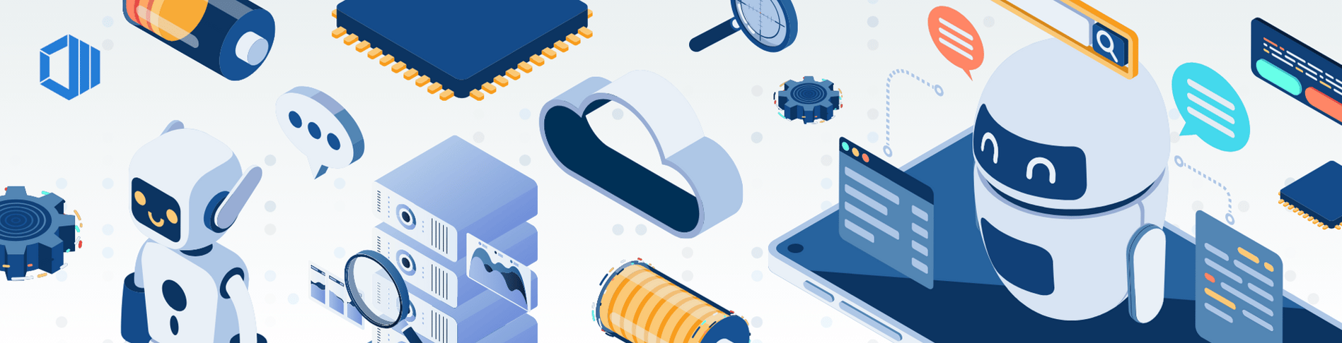 Illustration of AI and data analysis concepts featuring robots, data storage servers, magnifying glasses, gears, and graphical user interfaces, highlighting the integration of artificial intelligence in technology and data processing.