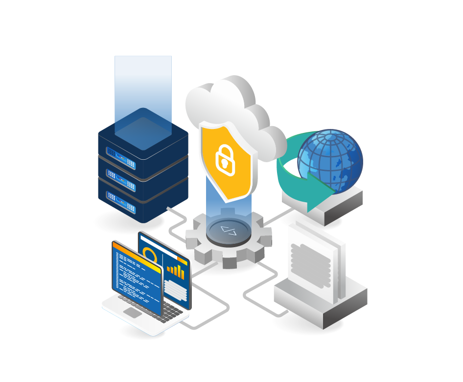 Vector graphic illustrating cybersecurity with a cloud, shield, and surrounding computers.