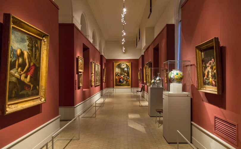 Interior view of the Royal Ontario Museum, highlighting the architectural design and various exhibits on display.