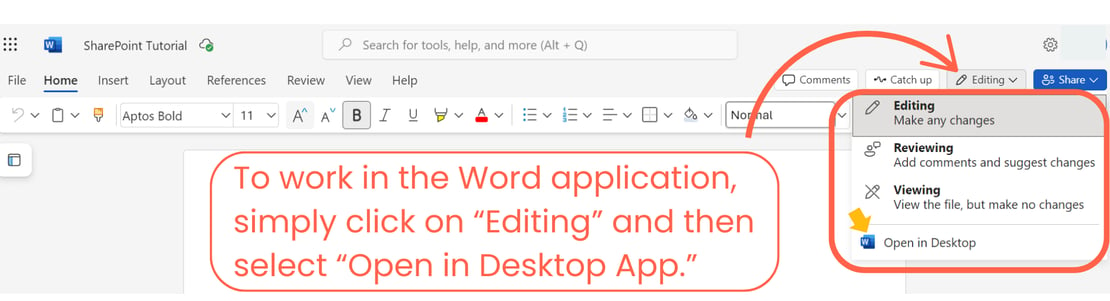 Graphic that shows how to work in the word application in sharePoint