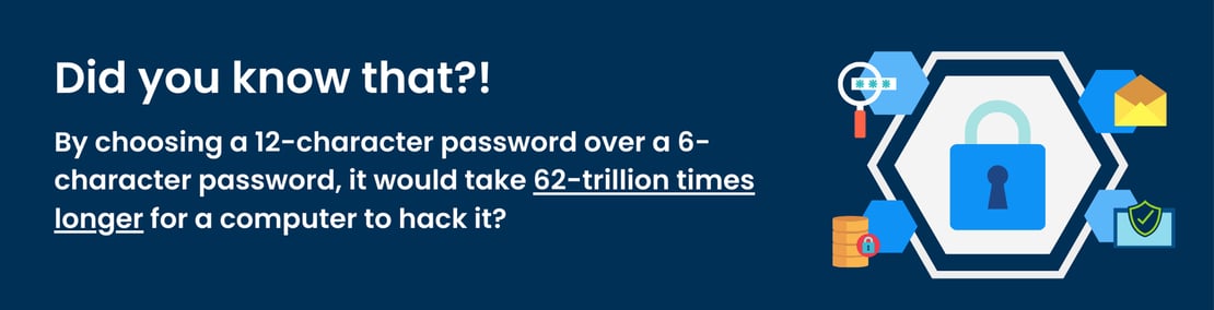 Banner with the text "Did you know that by choosing a 12-character password over a 6-character password, it would take 62-trillion times longer for a computer to hack it?"