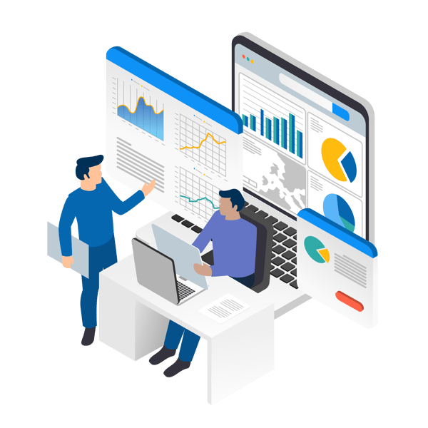 A woman presenting a business intelligence report on a screen in a boardroom, highlighting data and analytics solutions