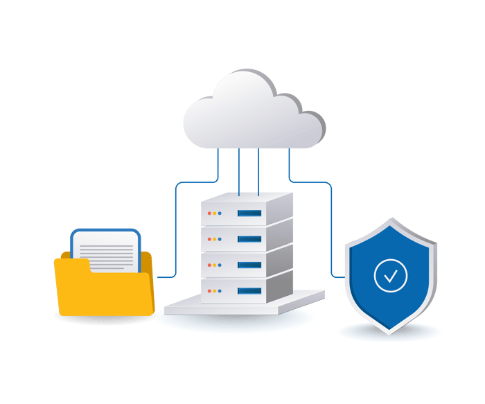 Illustrative vector graphic depicting cloud infrastructure and cybersecurity elements.