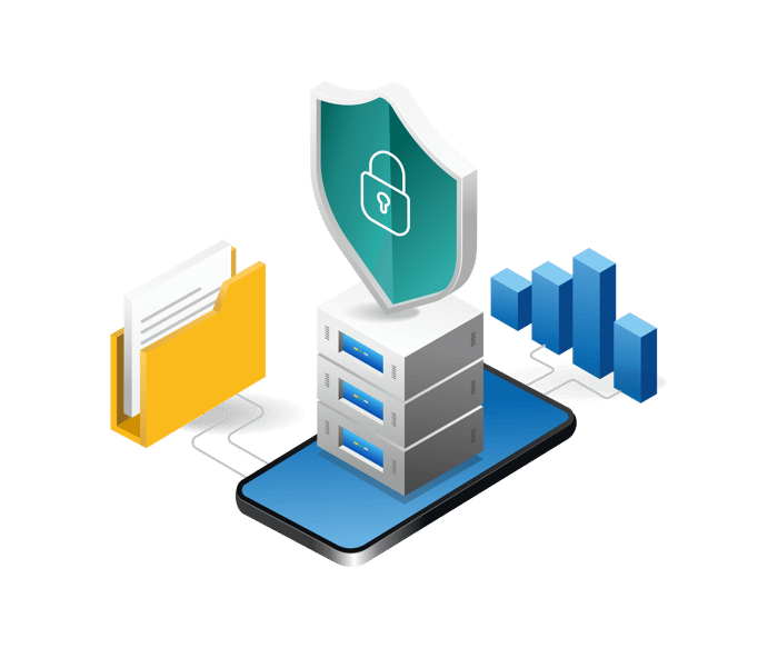 Illustration depicting cybersecurity with vectors of a shield and folders, representing data protection and security measures.